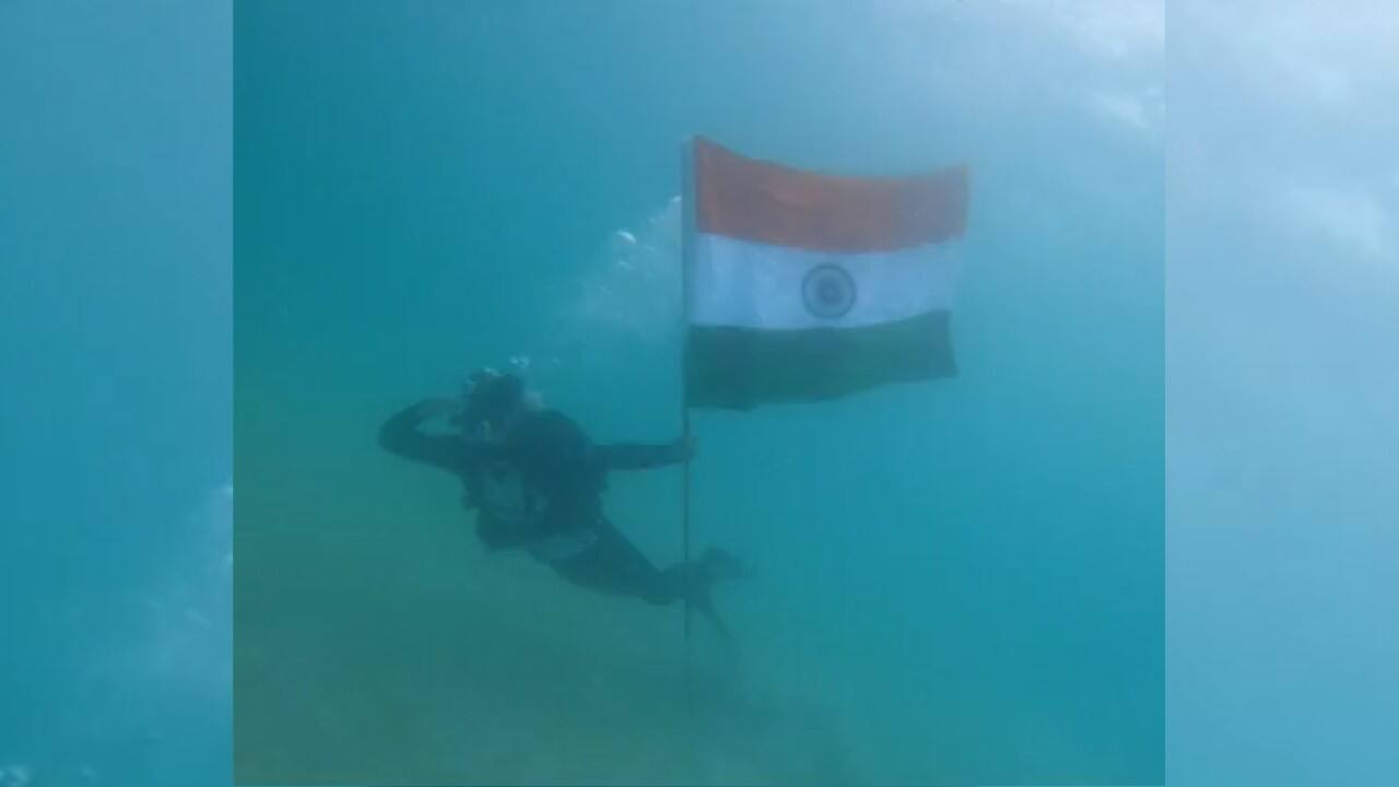 Celebration at peak as Indian Coast Guard hoists the National Flag underwater on the occasion of the 75th year of India’s independence at the Andaman and Nicobar islands. (Source: Twitter @ANI)