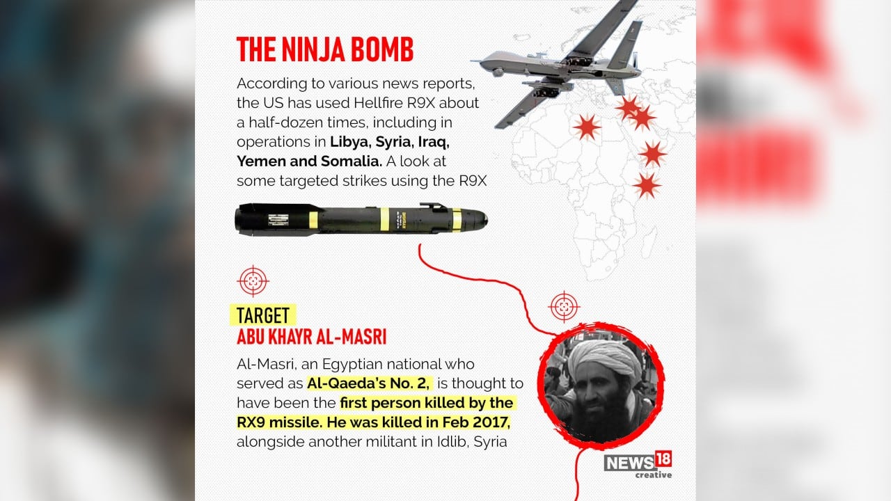 According to various news reports, the US has used Hellfire R9X about a half-dozen times, including in operations in Libya, Syria, Iraq, Yemen and Somalia. A look at some targeted strikes using the R9X. (Image: News18 Creative)