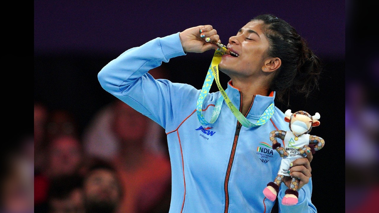 Zareen Nikhat celebrates her gold medal win in the boxing final her win over Northern Ireland's Carley McNaul in the Women's Light Fly (48-50kg) boxing final at The NEC on day ten of the 2022 Commonwealth Games in Birmingham, England, August 7. (Image: AP)