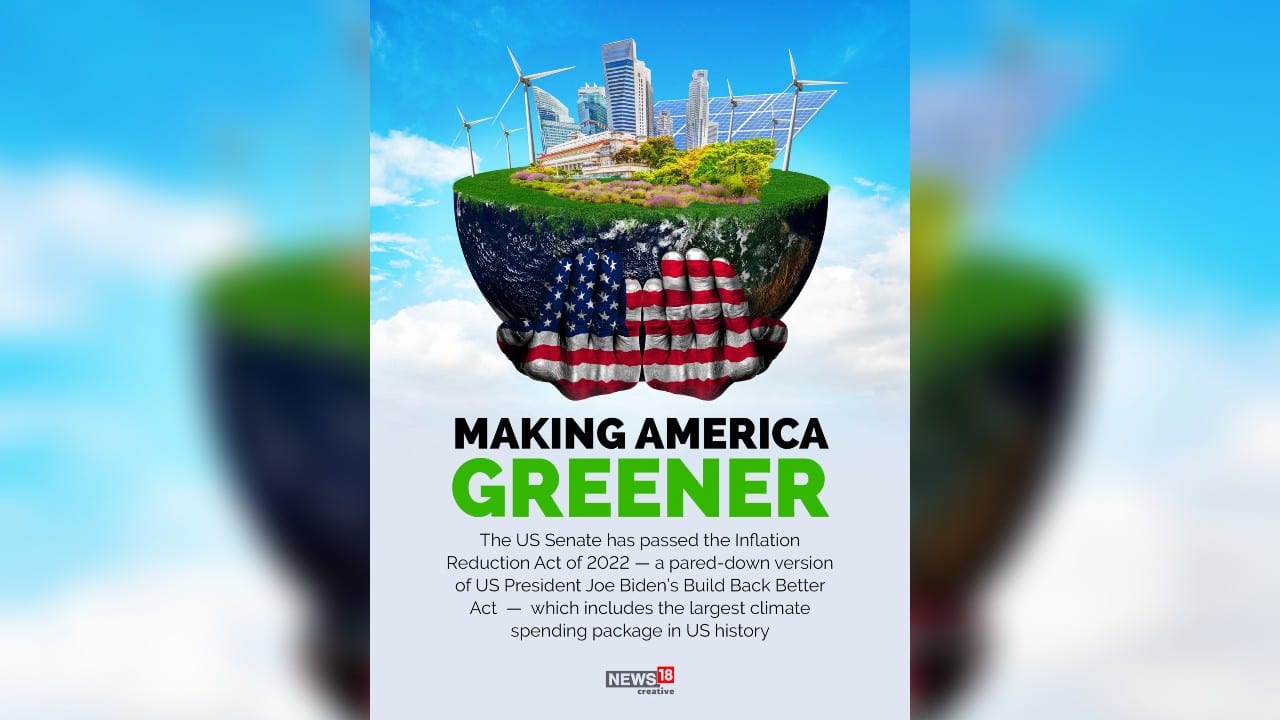 The US Senate has passed the Inflation Reduction Act of 2022 – a pared-down version of US President Joe Biden’s Build Back Better Act – which includes the largest climate spending package in US history. (Image: News18 Creative) The US Senate has passed the Inflation Reduction Act of 2022 – a pared-down version of US President Joe Biden’s Build Back Better Act – which includes the largest climate spending package in US history. (Image: News18 Creative)
