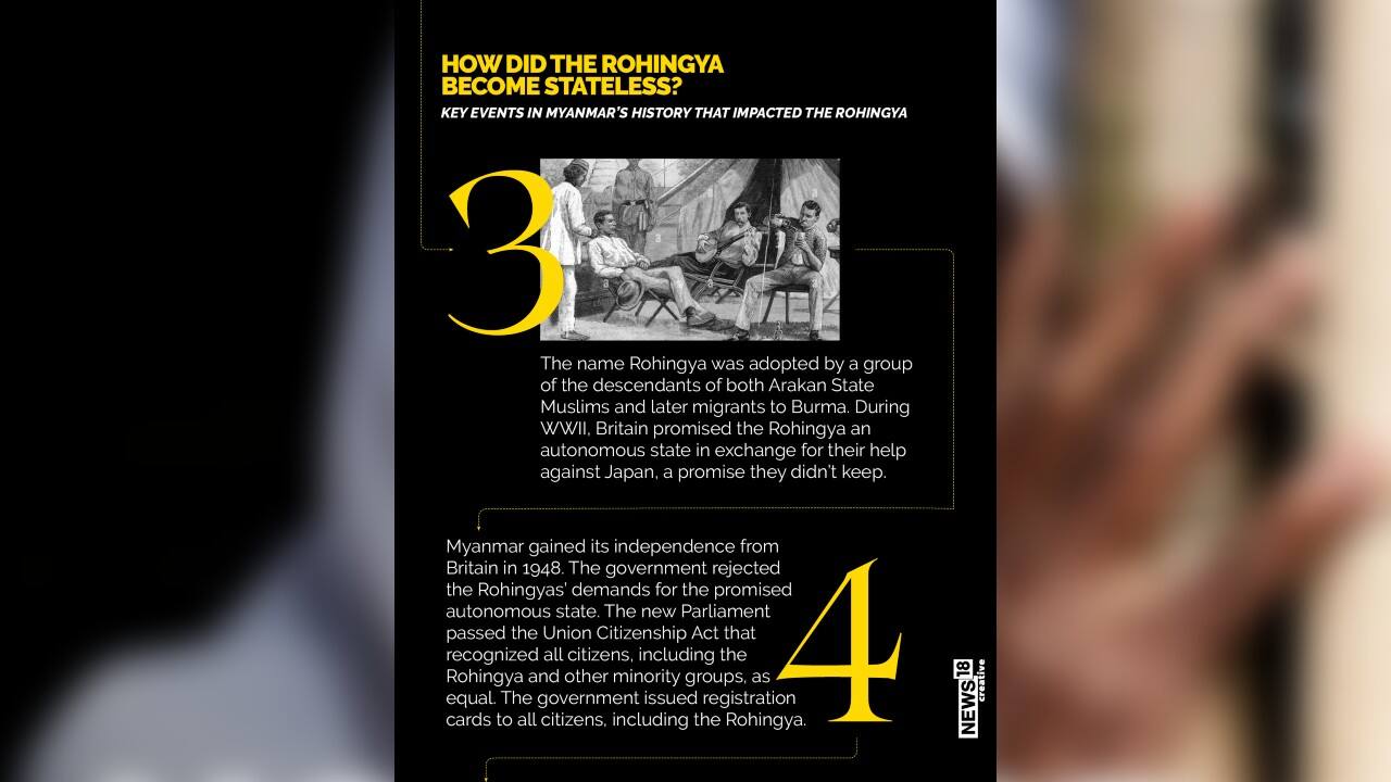 The name Rohingya was adopted by a group of the descendants of both Arakan State Muslims and later migrants to Burma. During WWII, Britain promised the Rohingya an autonomous state in exchange for their help against Japan, a promise they didn&rsquo;t keep. (Image: News18 Creative)