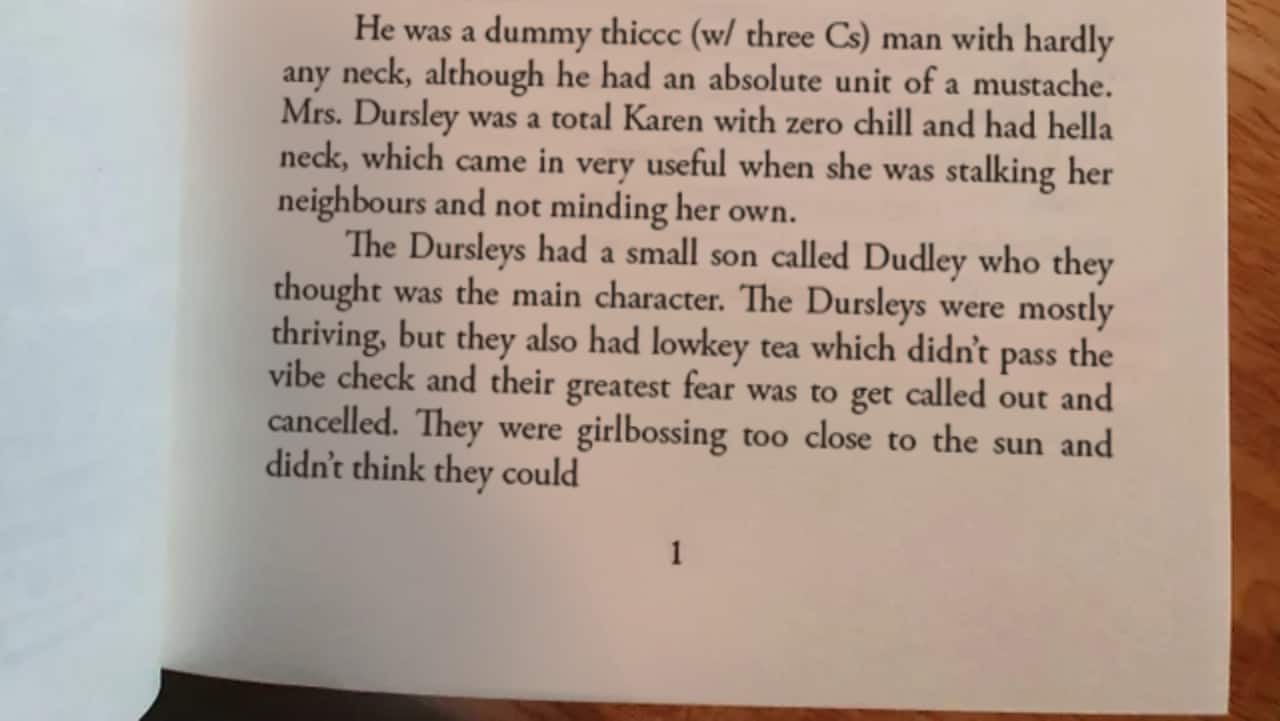 The first page of 'Harry Potter and the Philosopher's Stone' gen Z version. (Image credit: (butterednutsquash/Reddit)