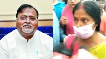 Former West Bengal Minister Partha Chatterjee and (right) Shubhra Ghorui. (Screengrab from video shared by @keyakahe)