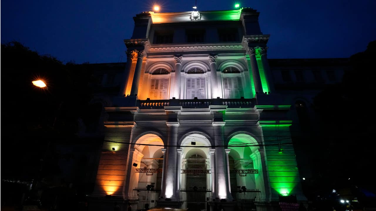 The Indian Museum in Kolkata is illuminated with colors of the Indian flag on Independence Day. 
