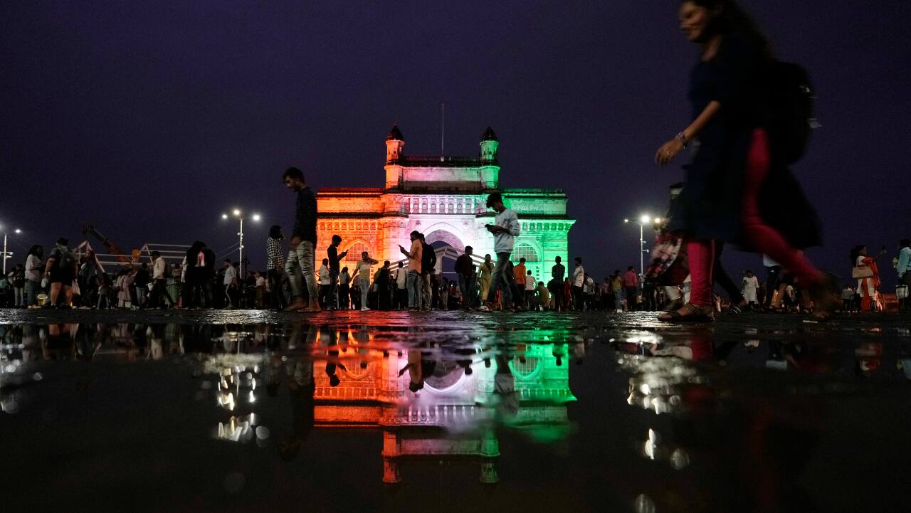 The Gateway of India is lit in the colors of the tricolor national flag for Independence Day celebrations, in Mumbai.