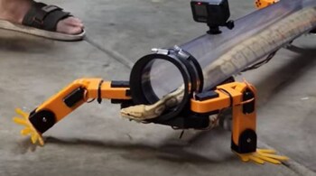 A snake "walks" using prosthetic legs. (Screengrab from Allen Pan's YouTube video)