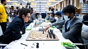 With Saturday’s win against World No. 5 Fabiano Caruana, D. Gukesh has taken his live rating to 2729. He is now the second-highest rated Indian chess player after his mentor, Viswanathan Anand. (Image via Twitter/FIDE)