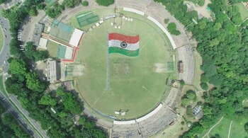 India has broken the Guinness World Record for the largest human flag formation. More than 5,000 people gathered at a stadium in Chandigarh to form the waving tricolour as part of Azadi Ka Amrit Mahotsav.
(Image credit: MrAmanDeep/Twitter)