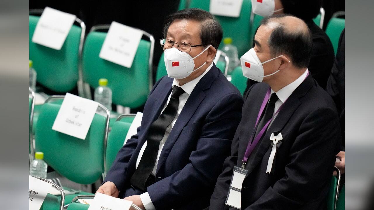 China's representative Wan Gang arrives at the state funeral of assassinated former Prime Minister of Japan Shinzo Abe. (Source: AP)
