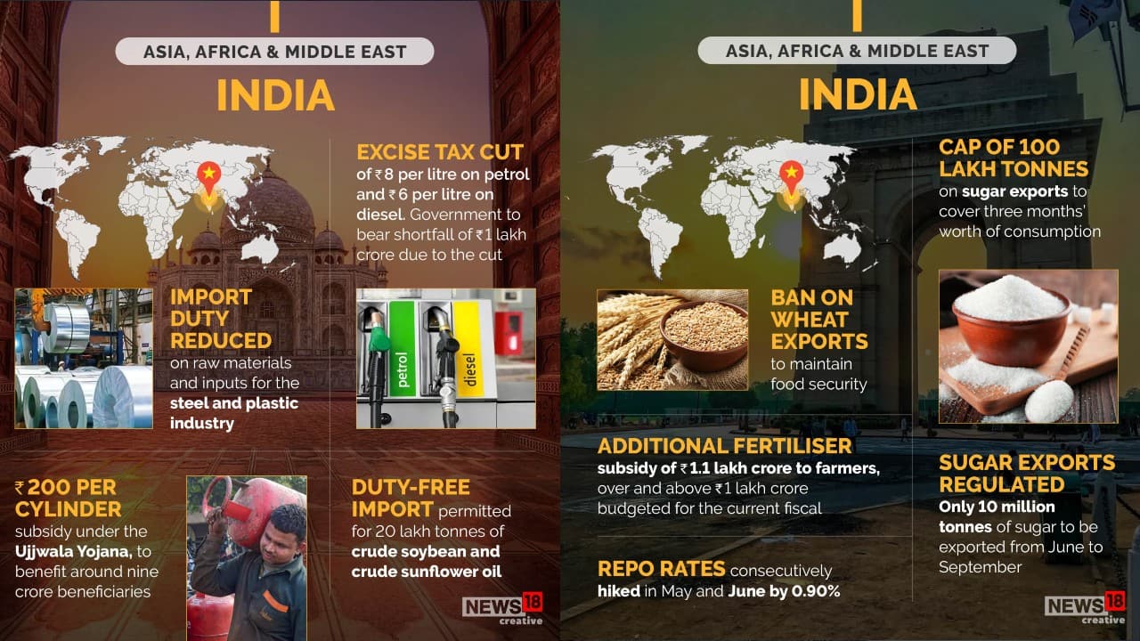 In India import duty reduced on raw materials and inputs for the steel and plastic industry, excise tax cut of Rs 8 per litre on petrol and Rs 6 per litre on diesel. Government ti bear shortfall of Rs 1 lakh crore due to the cut. (Image: News18 Creative)