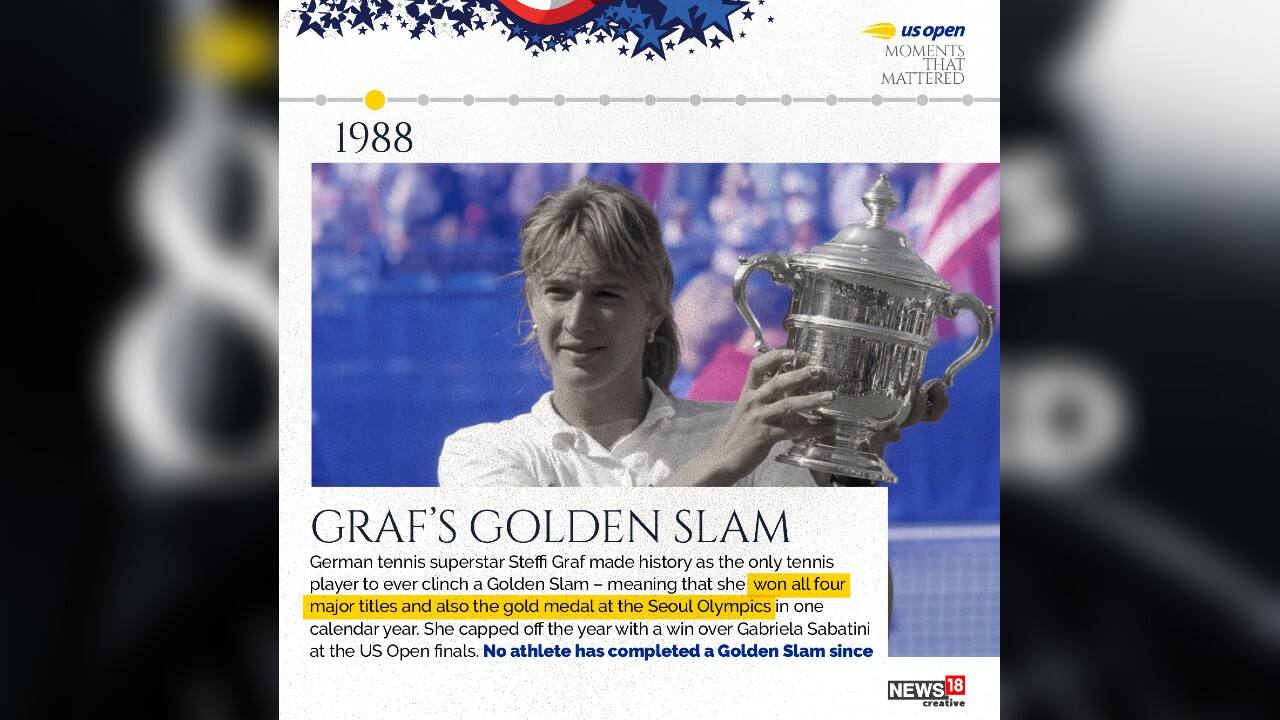 1988 | German tennis superstar Steffi Graf made history as the only tennis player to ever clinch a Goldman Slam – meaning that she won all four major titles and also the gold medal at the Seoul Olympics in one calendar year. (Image: News18 Creative)