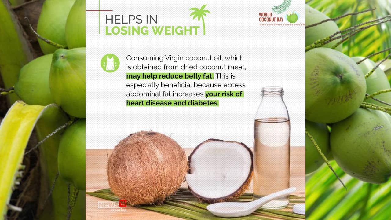 Consuming Virgin coconut oil, which is obtained from dried coconut meat, may help reduce belly fat. This is especially beneficial because excess abdominal fat increase your risk of heart disease and diabetes. (Image: News18 Creative)