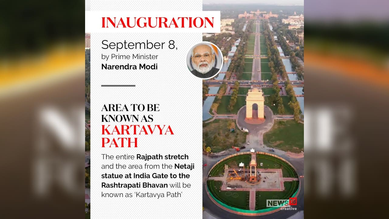 The entire Rajpath stretch and the area from the Netaji statue at India Gate to the Rashtrapati Bhavan will be known as ‘Kartavya Path’. (Image: News18 Creative)