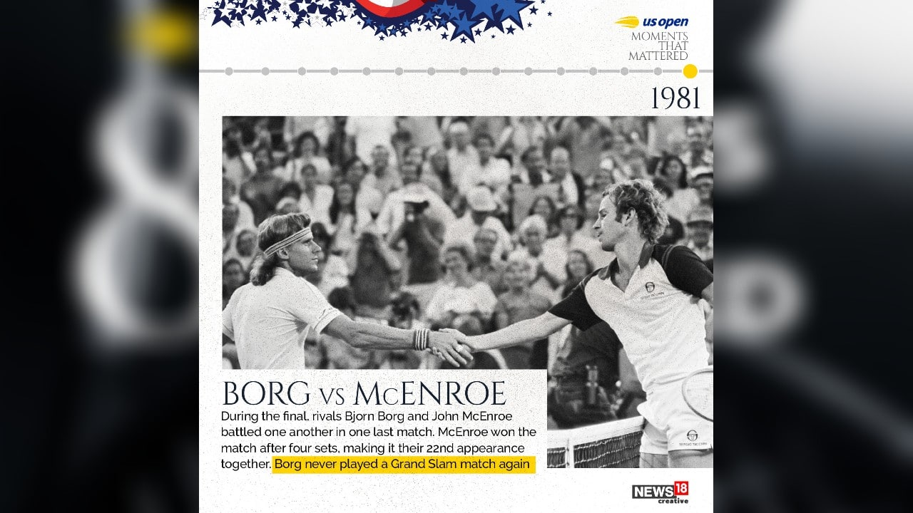 1981 | During the final, rivals Bjorn Borg and John McEnroe battled one another in one last match. McEnroe won the match after four sets, making it their 22nd appearance together. (Image: News18 Creative)