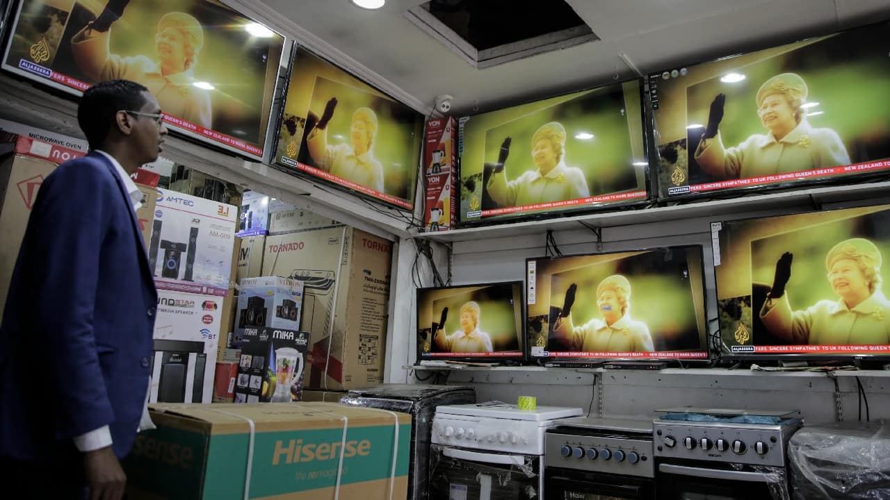 An electronics shop in downtown Nairobi, Kenya, tuned every available screen for sale on news coverage. (Source: AP)
