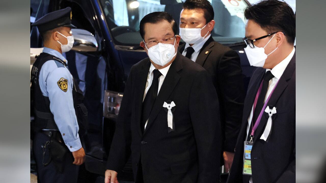 Cambodian Prime Minister Hun Sen arrives at the Nippon Budokan hall to attend the state funeral of former Japanese Prime Minister Shinzo Abe in Tokyo. (Source: AP)