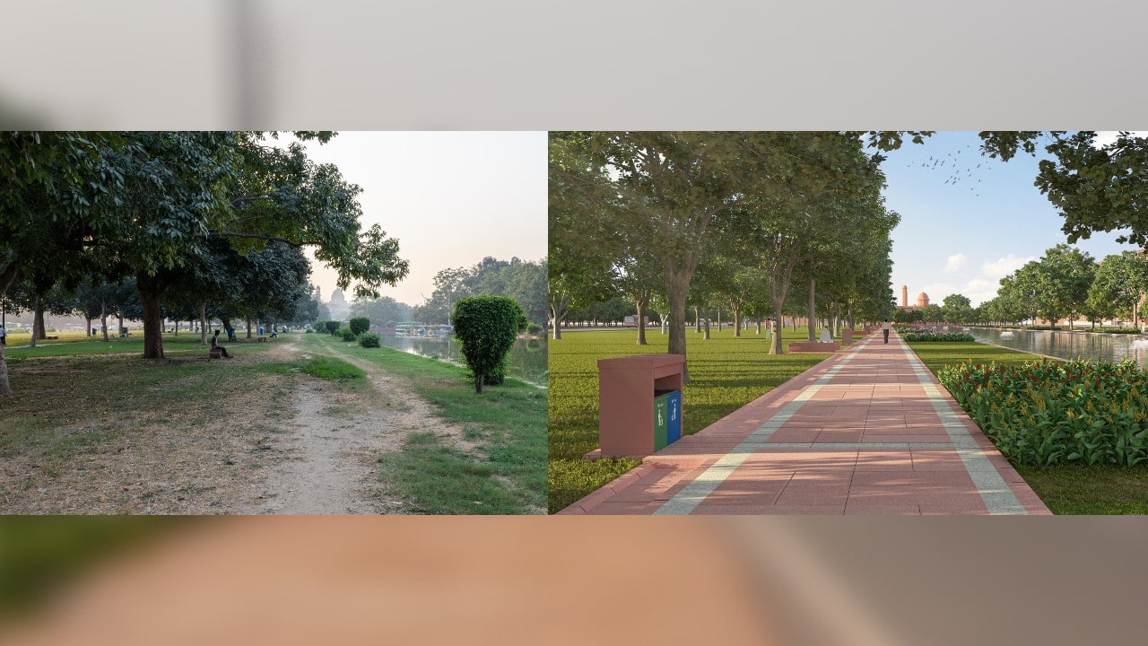 Along the Rajpath, the area spreading 3.90 lakh square metre has been developed with greenery all around. Also, the new red granite walkways spreading 15.5 km have been created, replacing bajri sand that lined the ground earlier. (Image: CPWD)