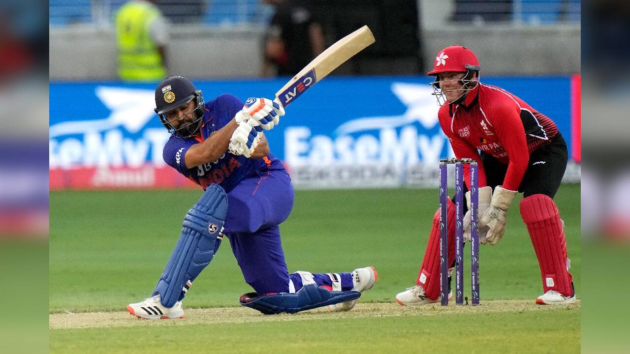 Rohit, who lost the toss, and Lokesh Rahul were tied down by Hong Kong's pace and offspin of Ehsan Ali in the batting powerplay. Rohit made 21 off 13 balls before he got caught at mid-on off an offcutter from seamer Ayush Shukla which hit the top of his bat and didn’t get enough power. (Image: AP)
