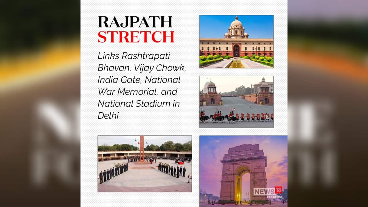 Rajpath stretch links Rashtrapati Bhavan, Vijay Chowk, India Gate, National War Memorial, and National, stadium in Delhi. (Image: News18 Creative)