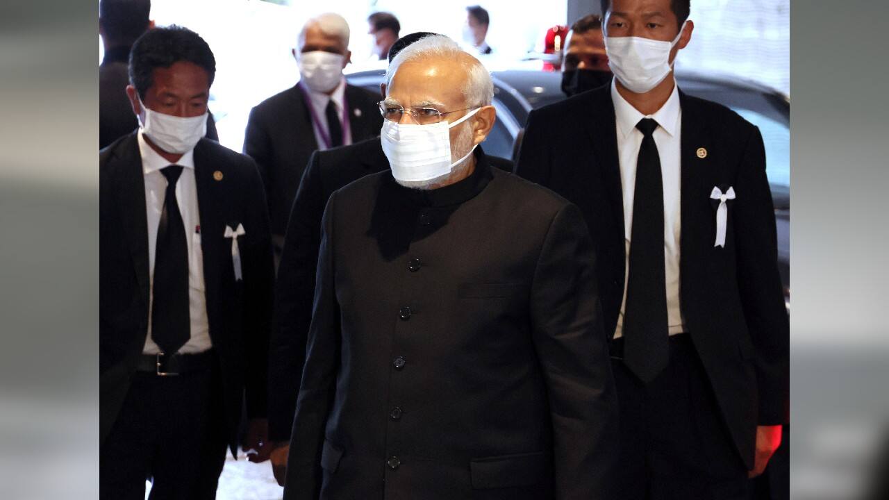 Prime Minister Narendra Modi arrives at the Budokan hall to attend the state funeral of former Japanese Prime Minister Shinzo Abe in Tokyo. (Source: AP)