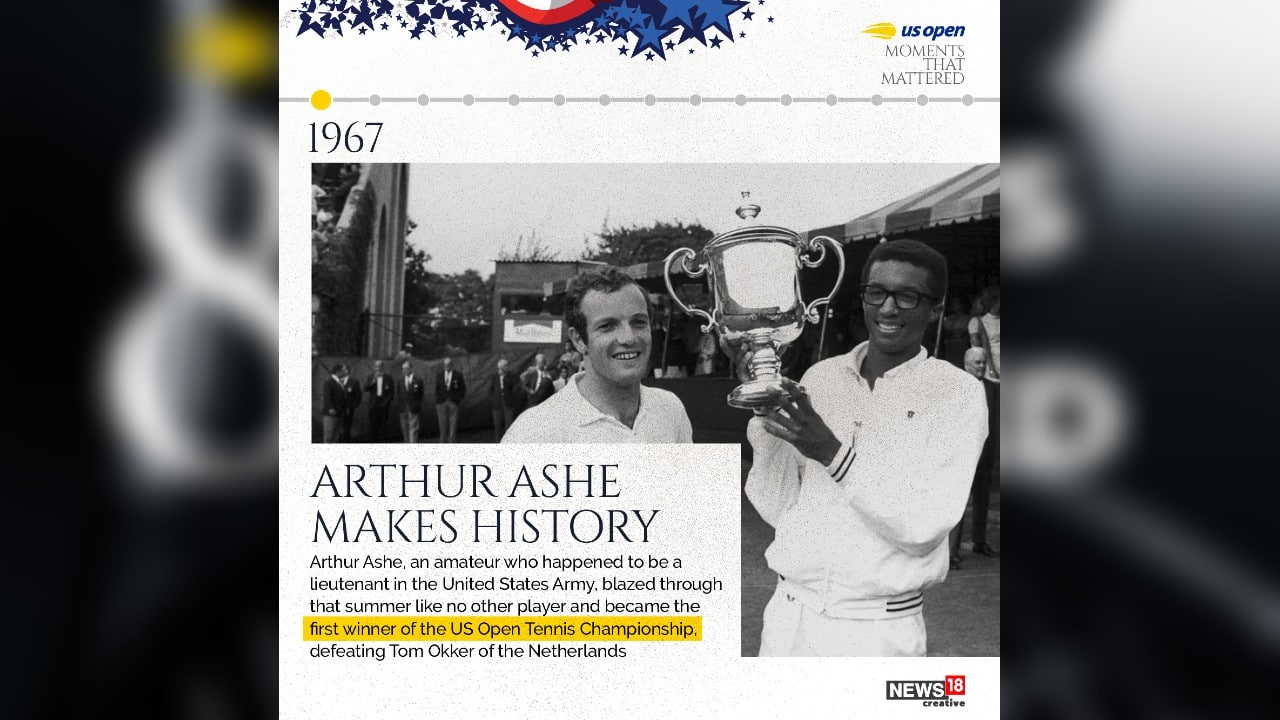 1967 | Arthur Ashe, an amateur who happened to be a lieutenant in the United States Army, blazed through that summer like no other player and became the first winner of the US Open Tennis Championship, defeating Tom Okker of the Netherlands. (Image: News18 Creative)