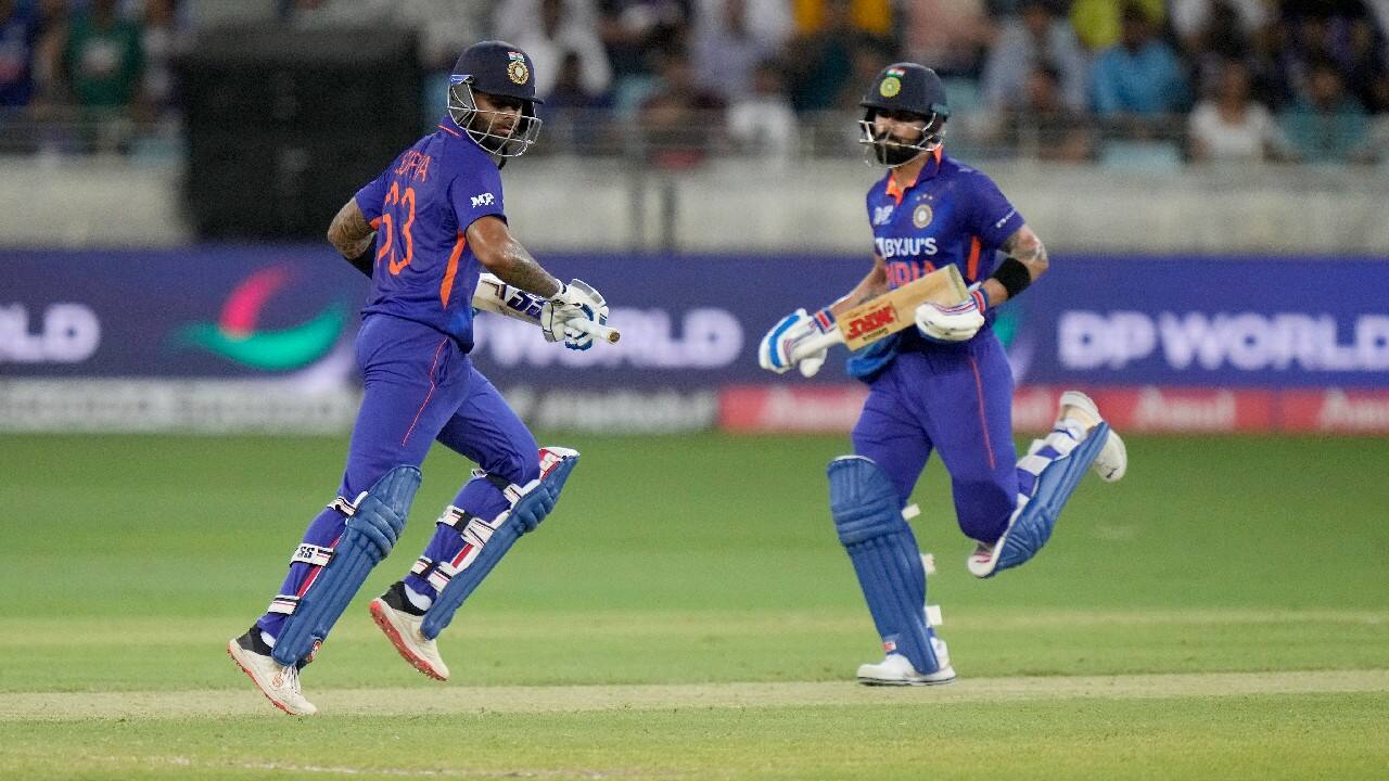 Kohli took a backseat and Suryakumar gave India acceleration — especially smashing boundaries at will against Hong Kong’s inexperienced pace attack. Kohli completed his half century in the penultimate over by clipping Ehsan to midwicket for two. (Image: AP)