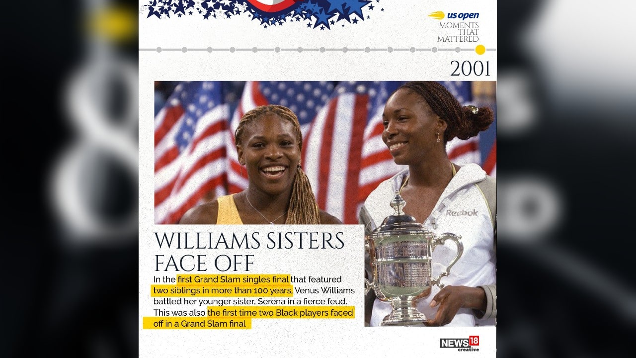 2001 | In the first Grand Slam singles final that featured two siblings in more than 100 years, Venus Williams battled her younger sister, Serena Williams in a fierce feud. This was also the first time two Black players faced off in a Grand Slam final. (Image: News18 Creative)