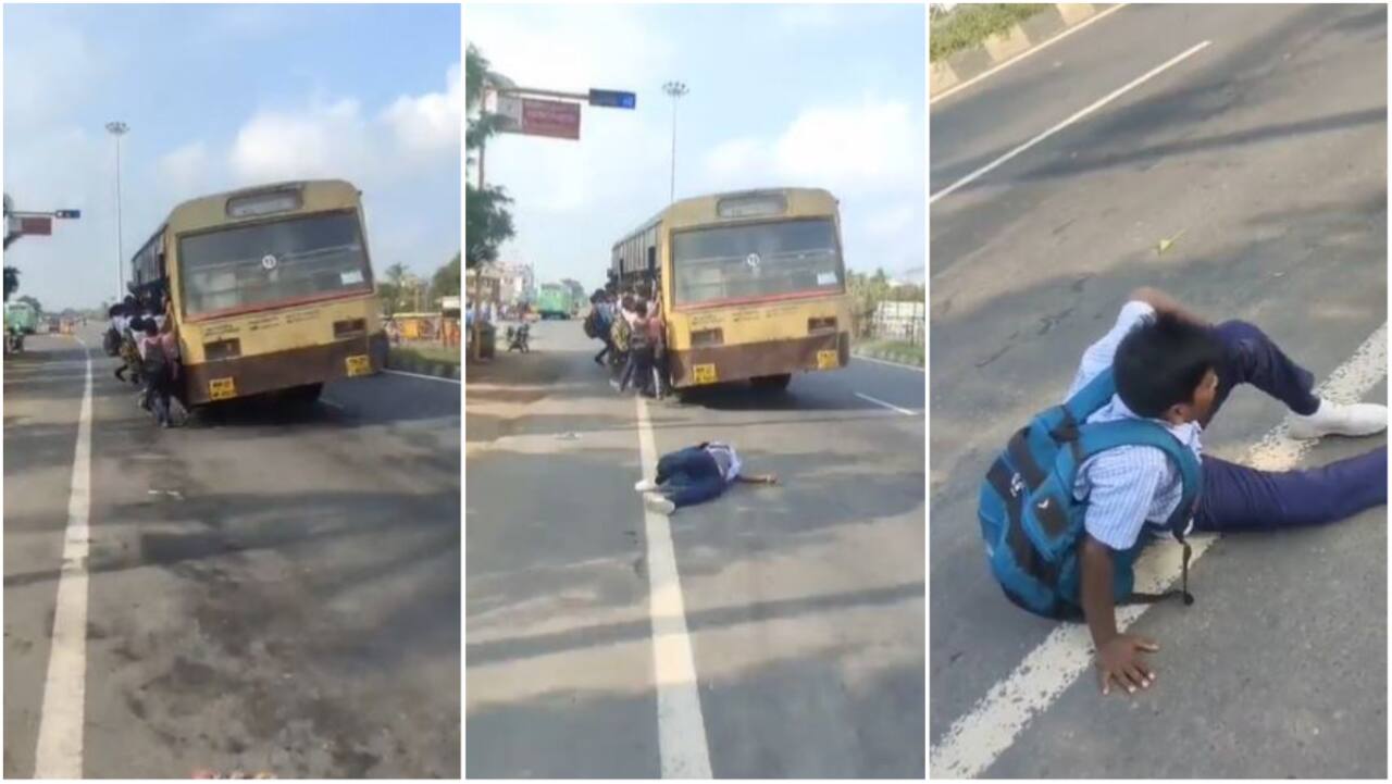 Watch: School boy's miraculous escape after he falls off a crowded bus in Tamil Nadu