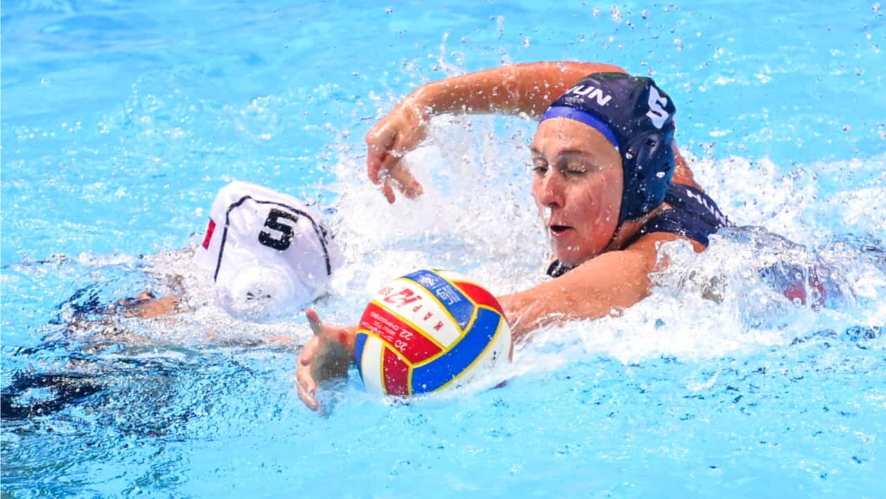Louise Guillet of France, left, in action against Brigitta Horvath of Hungary during the women's waterpolo match between Hungary and France played for the 5th to 8th place at the 35th LEN European Waterpolo Championships in Split, Croatia, Wednesday.