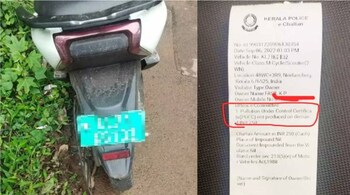 The electric scooter and the challan issued to its owner. (Image credit: @AArun_1998/Twitter)