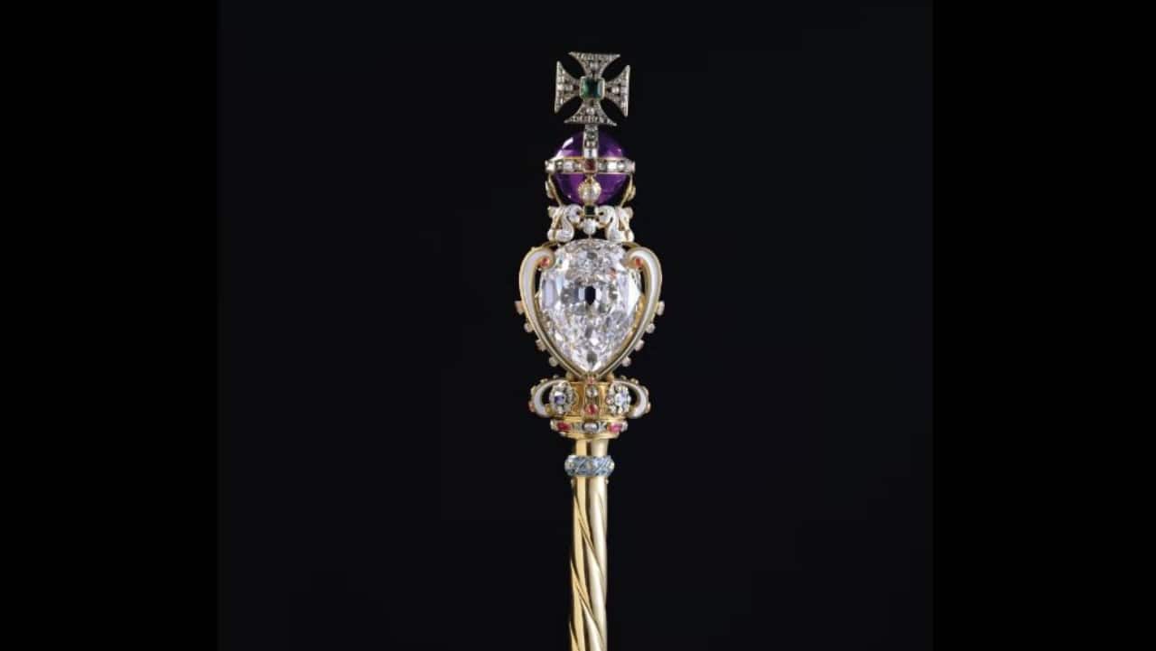 The Sovereign's Sceptre represents the monarch's temporal power and good governance and complements the spiritual power symbolised by the Sovereign's Sceptre with Cross. It weighs 1,170 grams and is 92.2 centimetres long. The largest colourless cut diamond in the world, the Cullinan I, reigns at the top. It weighs 106 grams and is known as the "First Star of Africa". The diamond's weight meant the sceptre had to be reinforced in 1910. (Image credit: Historic Royal Palaces)