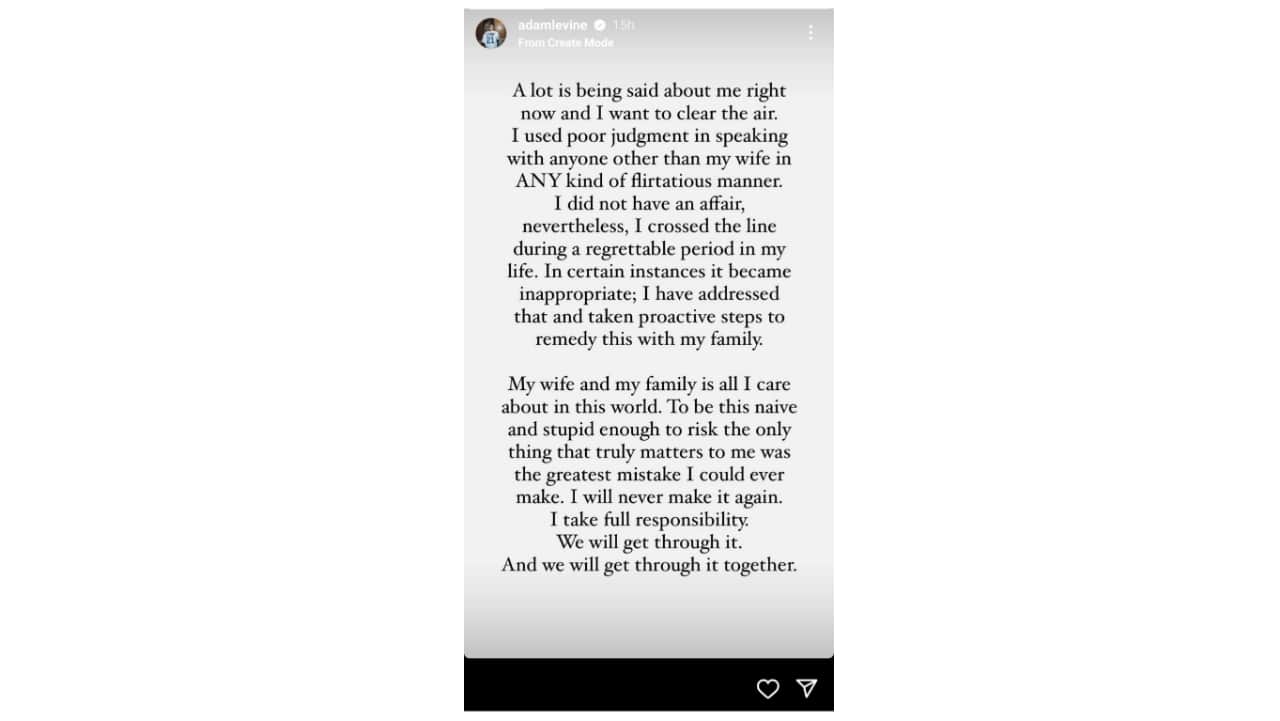 Adam Levine's statement on cheating allegations. (Image: screenshot of story posted @adamlevine/Instagram)