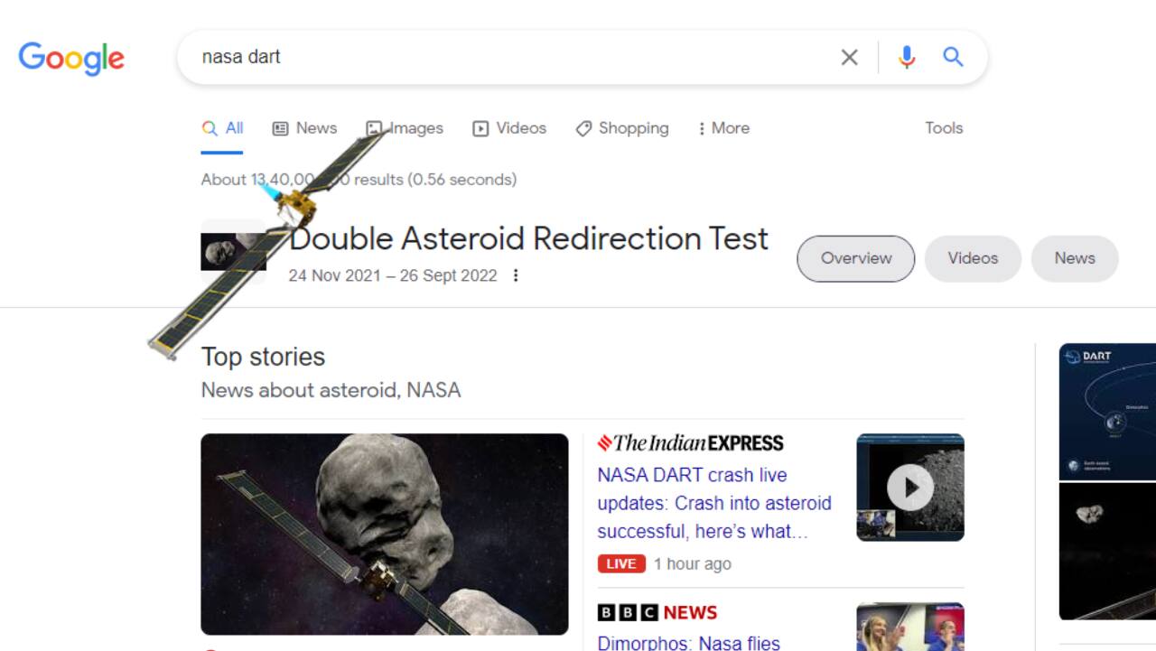 Google has a surprise for space enthusiasts. Search 'NASA DART' to see it