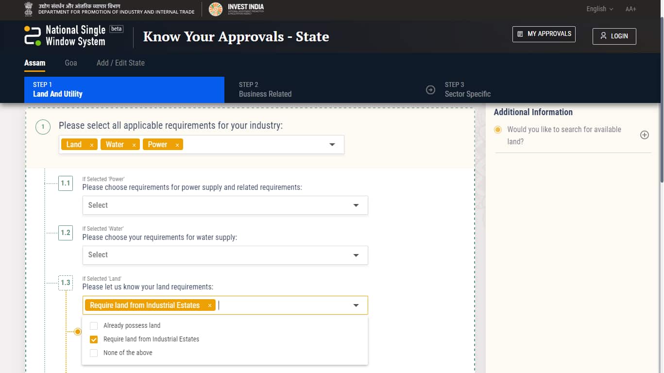 The Know Your Approvals module is quite intuitive and easy to use. The investor has to answer various questions in the business and sector context, after which a list of approvals needed is generated.