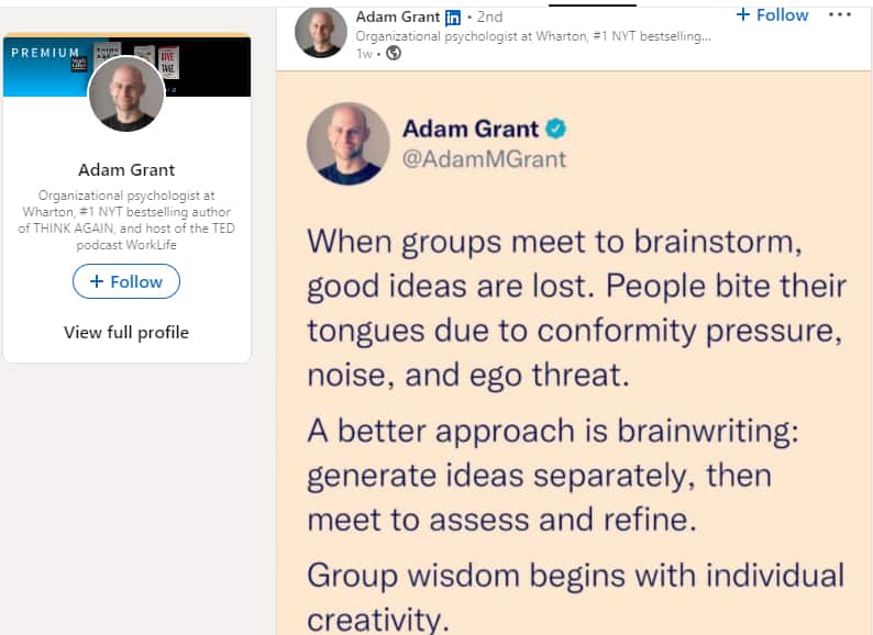 adam grant linkedin post on brainwriting