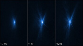 Photos showed a vast cloud of dust expanding out of Dimorphos -- and its big brother Didymos which it orbits -- after the spaceship hit. (Image credit: NASA)