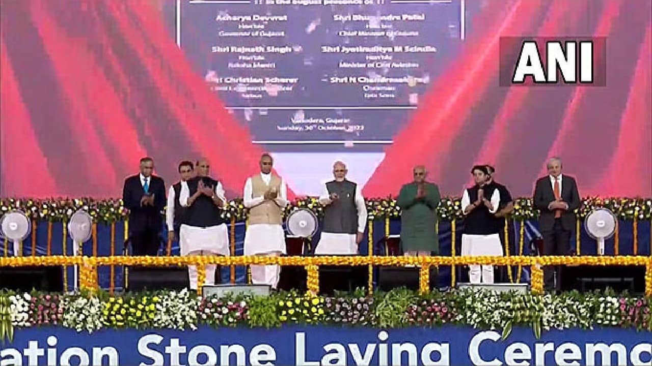 Prime Minister Narendra Modi laid the foundation stone of C-295 transport aircraft manufacturing facility in Vadodara, Gujarat on October 30. The C-295 transport aircraft for the Indian Air Force (IAF) will be manufactured through collaboration between Tata Advanced Systems Limited and Airbus Defence and Space S.A., Spain. (Image: ANI)