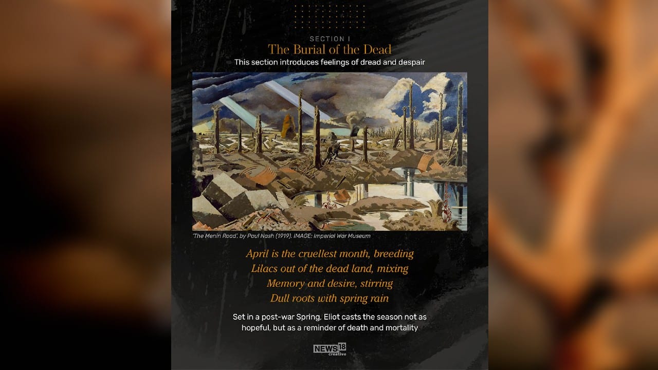 The Burial of the Dead section introduces feelings of dread and despair. Set in a post-war Spring, Eliot casts the season not as hopeful, but as a reminder of death and mortality. (Image: News18 Creative)