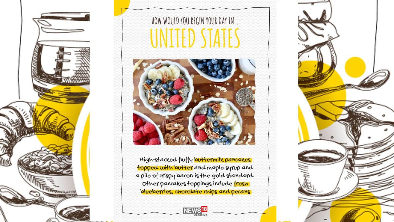 Breakfast in United States is normally high-stacked fluffy buttermilk pancakes topped with butter and maple syrup and a pile of crispy bacon is the gold standard. Other pancakes toppings include fresh blueberries, chocolate chips and pecans. (Image: News18 Creative)