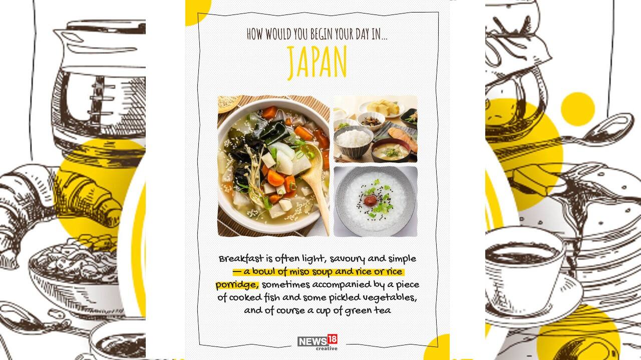 In Japan, breakfast is often light, savoury and simple – a bowl of miso soup and rice or rice porridge, sometimes accompanied by a piece of cooked fish and some pickled vegetables, and of course a cup of green tea. (Image: News18 Creative)