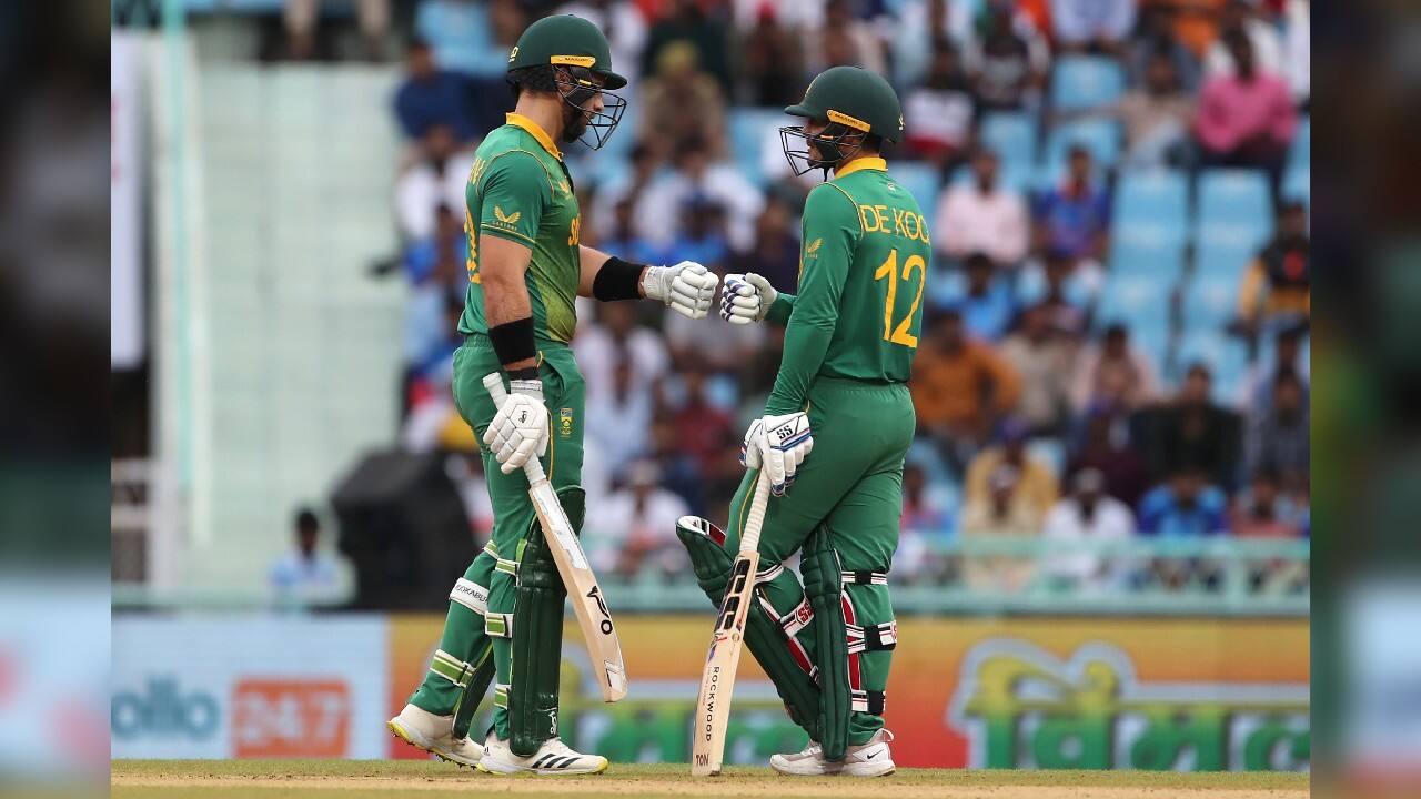 The match was reduced to 40 overs a side after morning rains delayed the start by nearly three hours. Put in to bat, Janneman Malan (22) and Quinton de Kock (48) put on 49 runs for the first wicket but South Africa was reduced to 110-4 in 22.2 overs thereafter. (Image: AP)