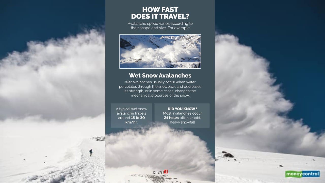 Wet avalanche usually occur when water percolates through the snowpack and decreases its strength, or in some cases, changes the mechanical properties of the snow. (Image: News18 Creative)