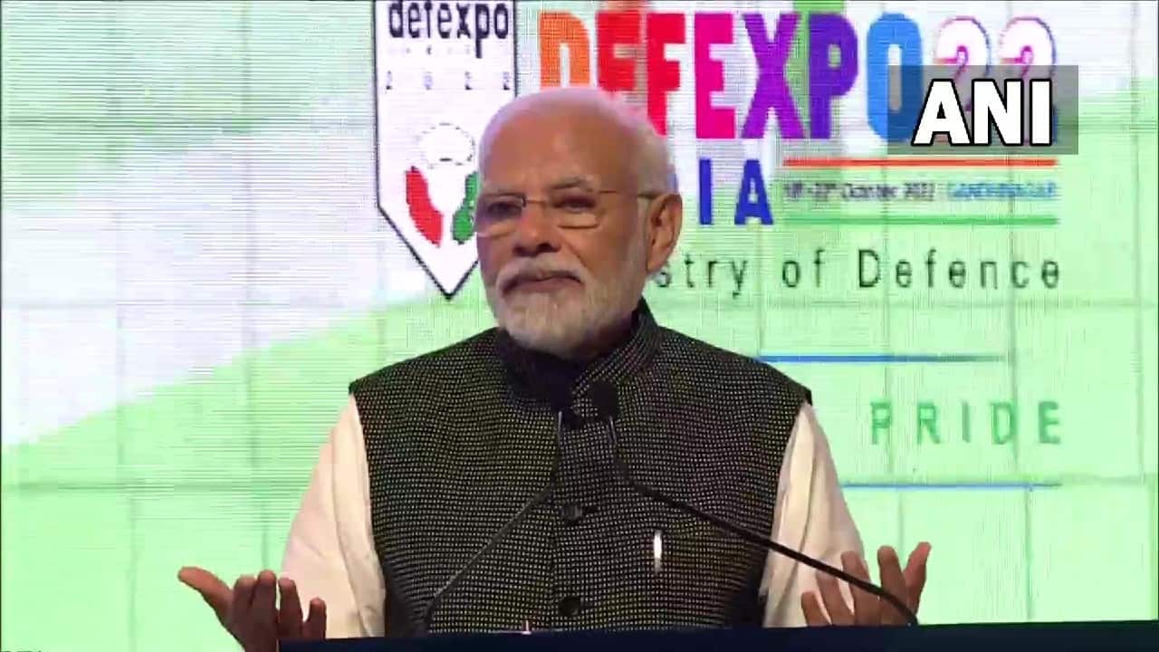 PM Modi said, "Defence Expo 2022 is displaying a grand picture of the New India, the resolution for which was taken by us during Amrit Kaal. It has the nation's development, states' participation, youth power, young dreams, young courage and youth's capabilities." (Source: ANI)