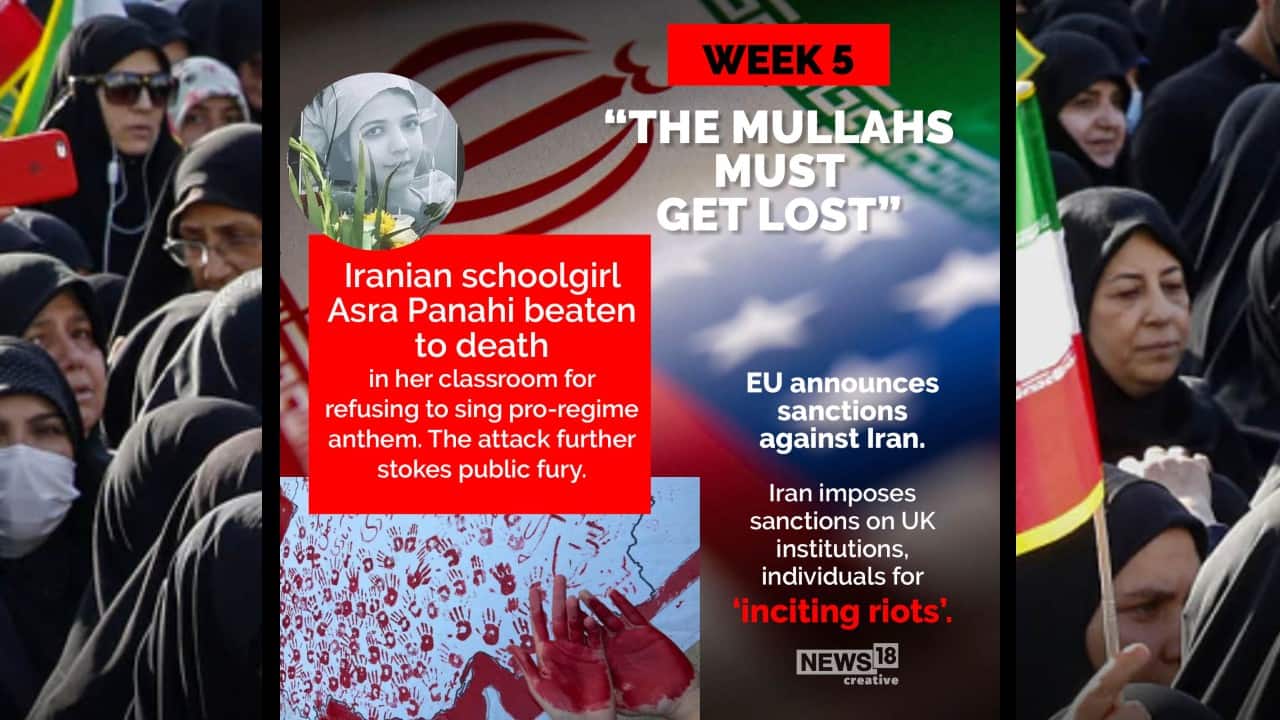 Iranian schoolgirl Asra Panahi beaten to death in her classroom for refusing to sing pro-regime anthem. The attack further stokes public fury. (Image: News18 Creative)