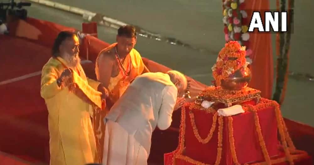 PM Modi performed the &quot;aarti&quot; to start the Deepotsav celebrations in the temple-town. He arrived in Ayodhya earlier today, and was received by CM Adityanath and Governor Anandiben Patel. (Image: ANI)