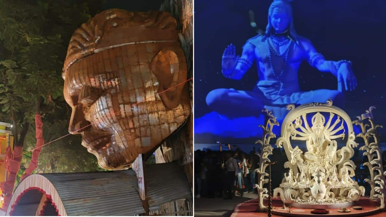 Parliamentarian Derek O'Brien tweeted pics of the hi-tech pandal at Suruchi Sangha in Alipore. “Hi-tech pandal with multiple 20K lumen projectors, sound/video effects, showcasing the recreation of life after Covid 19 pandemic,” he tweeted (Credit: derekobrienmp/Twitter)