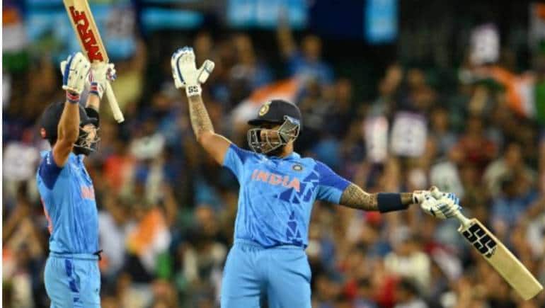 Virat Kohli (L) and Suryakumar Yadav react during the ICC men's Twenty20 World Cup 2022 cricket match between India and Netherlands at the Sydney Cricket Ground in Sydney on October 27.