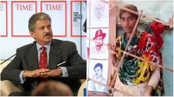 Mahindra Group chairperson Anand Mahindra and pen portrait artist Noorjahan.