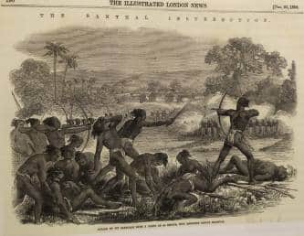 The Great Santhal Hul Rebellion of 1855, illustrated by an unknown artist, was published in Illustrated London News in 1856. (Photo courtesy DAG)