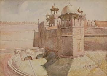 Artist NR Sardesai's 1929 work in watercolour on paper portrays the Red Fort's Lahore Gate. (Photo courtesy DAG)